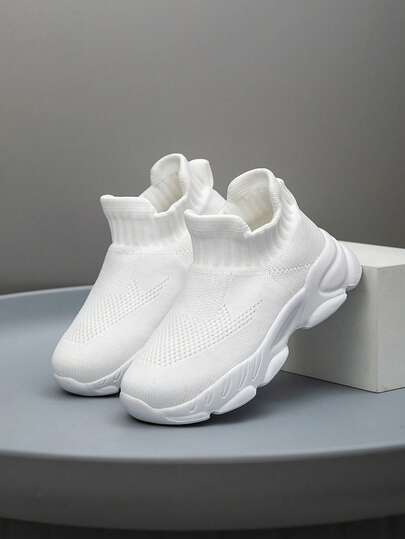 1 Pair Kids Knit Sneakers, Breathable Mesh Running Shoes, Convenient Slip-On, Lightweight, Fashionable Casual Shoes For Students