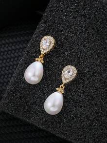 1 Pair Elegant Copper Zirconia Pearl Teardrop Earrings, High-End Jewelry Earrings For Women - Yellow Gold - View 4