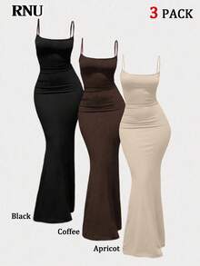 RNU 三件套黑色、咖啡棕、杏色休闲吊带修身中长连衣裙，适合春夏秋季穿着，也可作为女士夏季连衣裙、优雅连衣裙、婚礼宾客礼服、情人节、狂欢节、新年、度假、外出或优雅旅行休闲装。针织弹力面料，修身圆领吊带中长连衣裙，鱼尾下摆长款连衣裙。 - 彩色 - 查看 8
