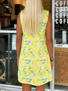 Spring/Summer Women's Fashion: Elegant, Minimalist, And Sophisticated Beach Vacation Round Neck Sleeveless Pullover Lemon Random Print Design Fitted Short Skirt Summer Holiday Outfit Outing Dress Holiday Attire Women's Casual Wear - Multicolor - View 5