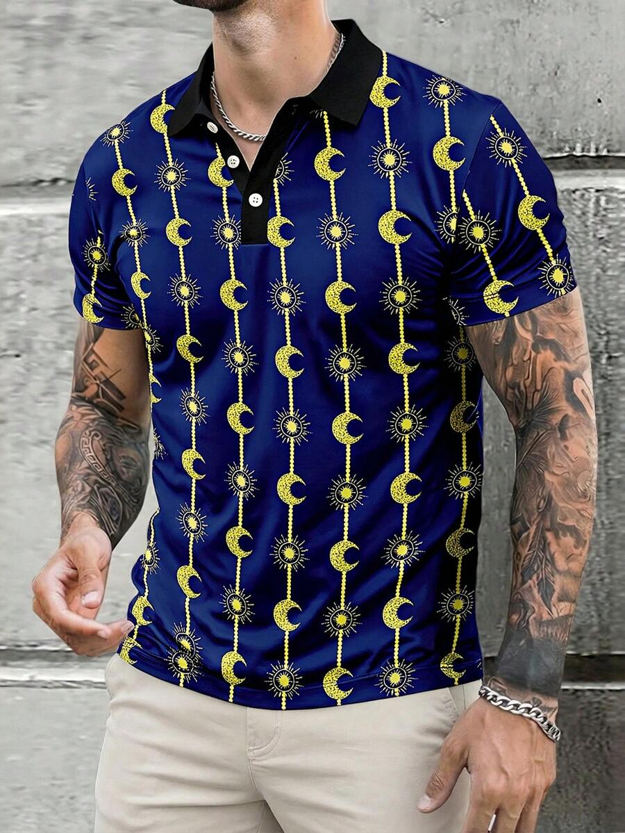 男士休闲日月印花短袖Polo衫，夏季 - 彩色 - 查看 1