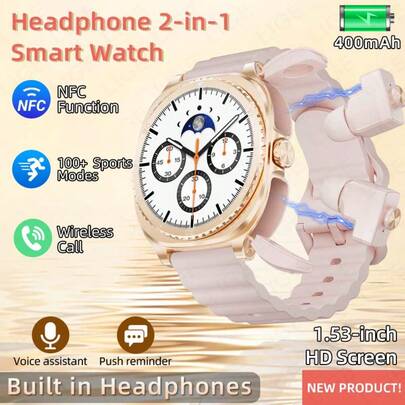  LIGE Smart Watch Men With TWS Headphones, 1.53-Inch HD Display, IP67, Wireless Call, NFC Access, Sports And Music Control, Fashionable Orange Silicone Strap, Multi-Mode Function, Music Control Watch Rectangular Dial Silicone Strap, Compatible With IOs And Android System Women's Smart Watch Men And Women's Same Style