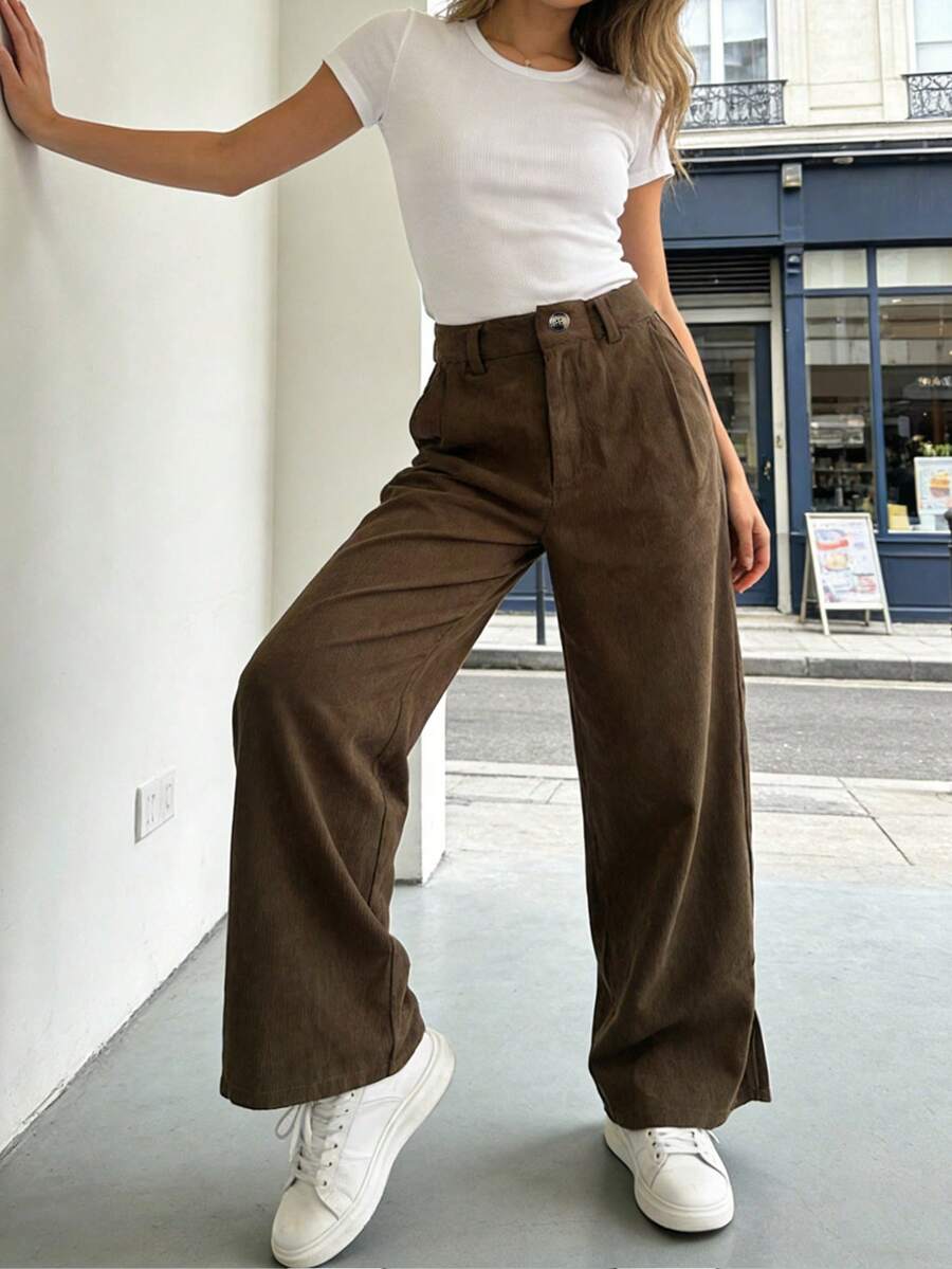 Spring Style Camel High Waist Wide Leg Pants Drapey Wrinkle Resistant Office Casual Pants - Brown - View 1