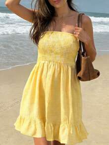 女士春夏新款时尚优雅休闲简约通勤度假街头风黄白格纹荷叶边露肩修身A字迷你连衣裙，开领设计。适合夏季度假装扮、休闲连衣裙、节日穿着及女士休闲服饰。 - 黃色 - 查看 3