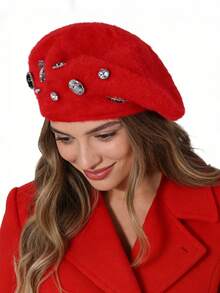 1pc Rhinestone Embellished Rabbit Fur Casual Beret Hat, Suitable For Daily Wear, Valentine's Day, Holiday Gift - Berets - View 3