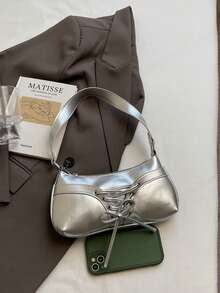 1 件装女士复古梅洛朋克摩托车包，铆钉装饰，可调节肩带，大容量，柔软仿油皮渐变色，斜挎/腋下两用，适合工作、通勤、约会、派对等场合。 - 銀色 - 查看 3