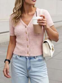 适合娇小身材女性的时尚休闲通勤春夏针织短袖上衣，粉色 - 粉色 - 查看 8