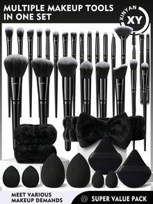 36 PIEZAS Juego de herramientas de maquillaje que incluye: 25 PIEZAS Juego de brochas de maquillaje + 2 PIEZAS Esponjas de maquillaje + 2 PIEZAS Esponjas de maquillaje mini + 2 PIEZAS Borlas de polvo triangulares + 2 PIEZAS Borlas de polvo de cojín de aire mini + 1 diadema + 2 PIEZAS Correa de tazón de mano - Negro - Ver 1