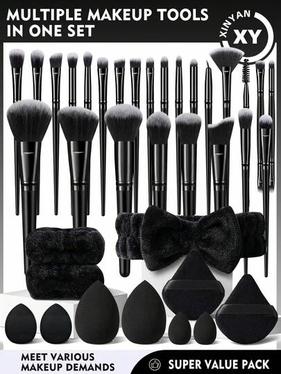 36 PIEZAS Juego de herramientas de maquillaje que incluye: 25 PIEZAS Juego de brochas de maquillaje + 2 PIEZAS Esponjas de maquillaje + 2 PIEZAS Esponjas de maquillaje mini + 2 PIEZAS Borlas de polvo triangulares + 2 PIEZAS Borlas de polvo de cojín de aire mini + 1 diadema + 2 PIEZAS Correa de tazón de mano