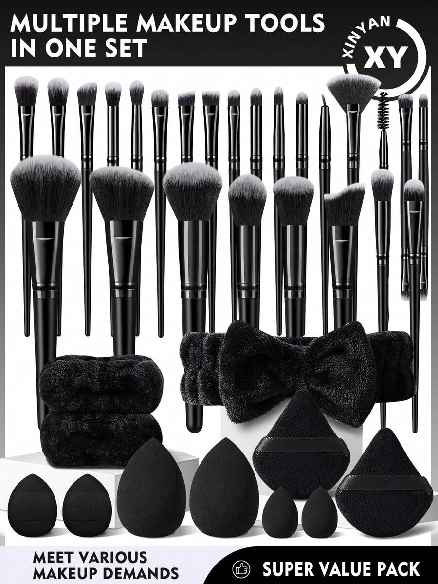 36 PIEZAS Juego de herramientas de maquillaje que incluye: 25 PIEZAS Juego de brochas de maquillaje + 2 PIEZAS Esponjas de maquillaje + 2 PIEZAS Esponjas de maquillaje mini + 2 PIEZAS Borlas de polvo triangulares + 2 PIEZAS Borlas de polvo de cojín de aire mini + 1 diadema + 2 PIEZAS Correa de tazón de mano - Negro - Ver 1