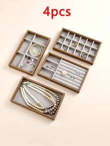 1pc~4pcs High Quality Stackable Velvet Jewelry Trays - Lint Free - Durable - Stackable Fine Jewelry Trays/Racks, Jewelry Drawer Insert Container Display Boxes To Hold Earrings, Rings, Necklaces And Other Jewelry - Organize Your Jewelry Stylishly (Beige/Gray) - Walnut Wood Two-tone - View 16