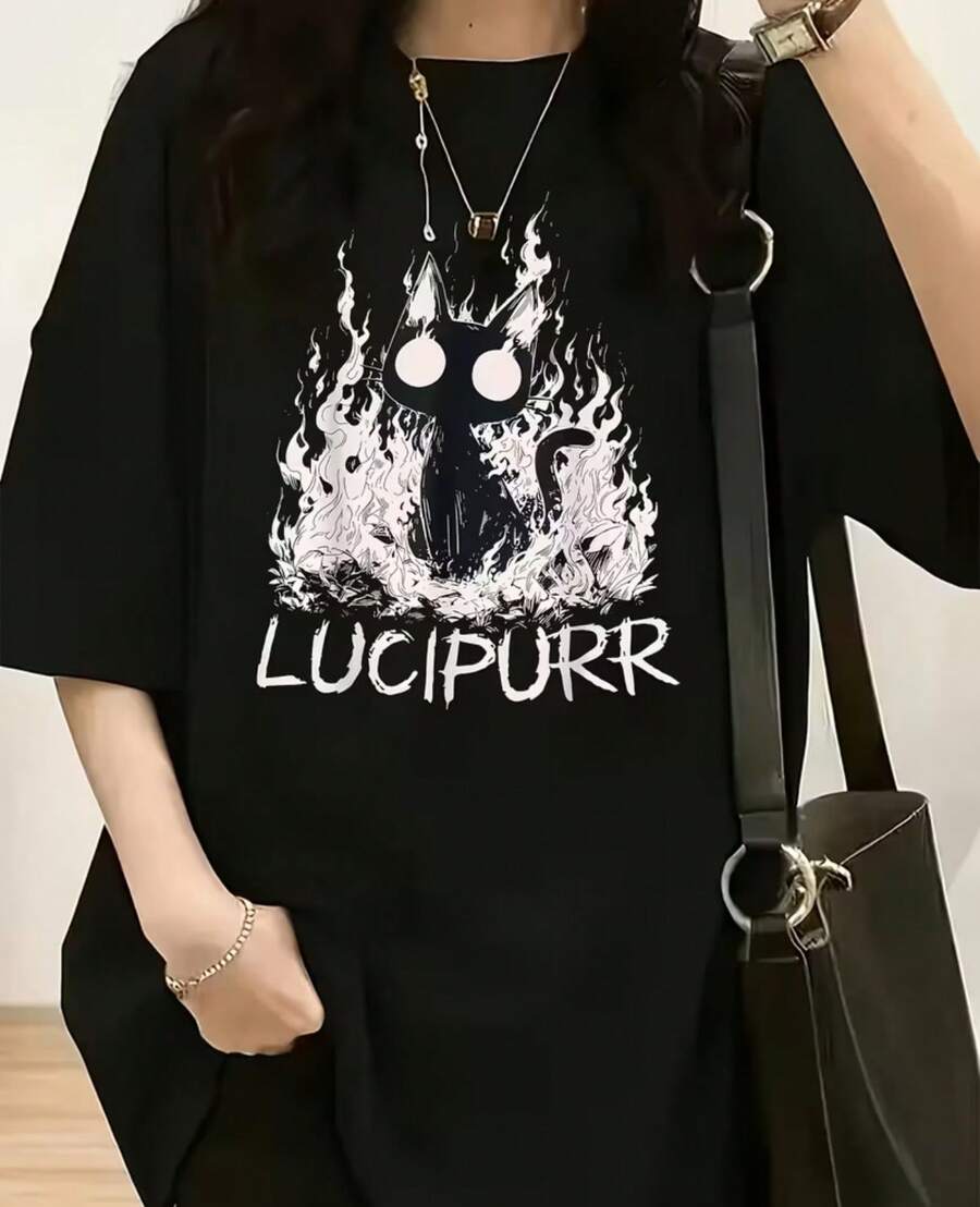 Women's Cute Kitten & Cat Patterns T-Shirt - Soft Polyester Oversized Round Neck Short Sleeve Blouse Top Suitable For Spring Summer Casual Wear - Comfortable Loose Fit Cat Lady Outfits - 黑色 - 查看 1