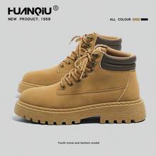 HUANQIU Boots 2026 New Autumn British Style Retro Work Boots Thick Sole Height Increasing Yellow Boots Men's Shoes Solid Color Western Style Workwear Style Lace-Up Metal Eyelets Home Wear - Camel - View 10