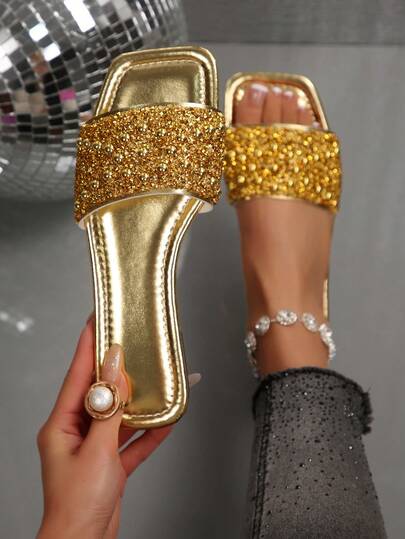 Elegant Solid Color Lightweight Luxury Non-Slip Outdoor Resort Beach Comfortable Versatile Rhinestone Pearl Flat Mule Open Toe Slippers, Size 41-42-43, Daily Wear, Korean French Style Plus Size Women