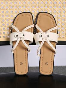 Women's French Square Toe Woven Strap Flat Sandals, Summer New Fashion Simple Versatile Slide Sandals, Indoor Casual Home Slippers - Beige - View 3