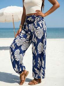 Women's High Waist Wide Leg Paisley Print Casual Pants, Ankle Length Trousers (YY1177) - Navy Blue - View 5