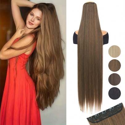 32英寸5夹式合成接发 - 长直棕黑色假发，浓密顺滑，无缝夹子，瞬间增加头发长度和蓬松度，耐热假发，适合日常造型、派对和特殊场合。