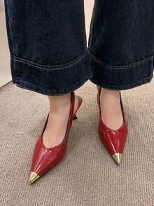 2025新款金属拼接法式细高跟尖头露跟高跟鞋，华丽黑色高跟鞋，女士高跟凉鞋 - 紅色 - 查看 3