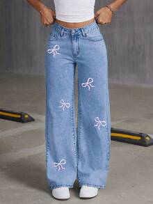 Tween Girls Loose Fitting Comfortable Butterfly Print Denim Straight Leg Wide Leg Pants - Medium Wash - View 4