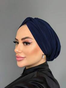 1pc Women's Classic Solid Color Chemo Turban Hat, High Elasticity, Pleated Design, Anti-Slip, Breathable, Multilayer Pleated Headscarf, Comfortable Soft Modal Knit Fabric, Suitable For Daily Wear With Hijab - Navy Blue - View 2