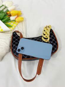 Korean Retro Crescent Moon Shaped Bag, Fashionable Casual Printed Shoulder Bag, Underarm Bag - Multicolor - View 7