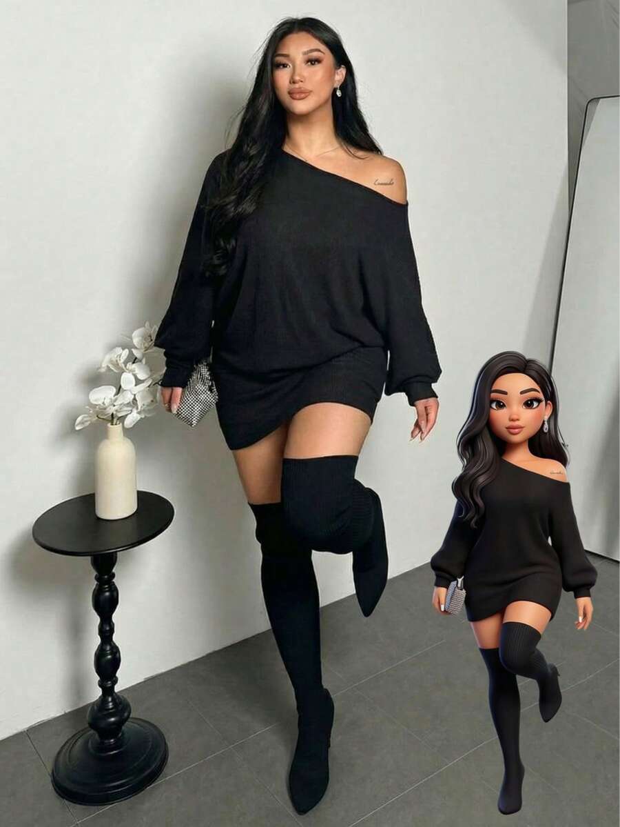 两件套加大码女式不对称领口不对称肩部长袖上衣和紧身迷你裙套装 - 黑色 - 查看 1