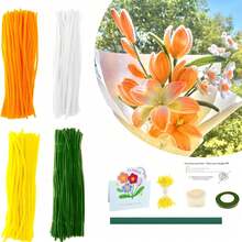 564pcs Handmade Pom Pom Kit, 400pcs Colorful Chenille Stems For DIY Art Projects And Creative Gifts; Flower Making Set Includes 10pcs Floral Wires, 1 Roll Tape, 150pcs Flower Stamens, 1m Ribbon, 1 Instruction Manual And 1 Greeting Card. Valentine's Day Pom Pom Flower Decoration Set. - Golden - View 2