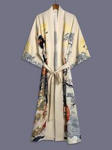 传统日式美人印花中长款七分袖缎面和服罩衫薄款外套，女士优雅街头休闲宽松外套，适合海滩、旅行、度假、作为睡袍、浴袍、派对服饰穿着。 - 杏色 - 查看 4