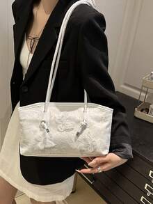 1个蝴蝶蕾丝拉链保龄球包，大容量手提包，新款时尚纹理单肩包，复古风格腋下通勤包，适合女性日常使用 - 米色 - 查看 5