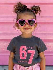 Young Girl Casual Graphic Print Crew Neck Short Sleeve T-Shirt, Summer Top