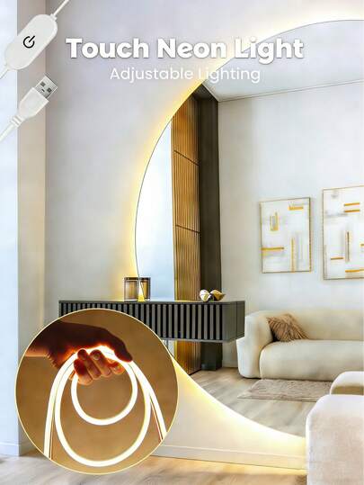 1m/2m/3m/4m/5m LED Touch Sensor Neon Light Strip, Dimmable Touch Sensor, USB Powered Flexible Light Strip, Adjustable Warm White & Cool White, For Room, Bedroom, Living Room, Display Cabinet, Bathroom Mirror Cabinet, Bathroom, Ambient Lighting, Live Streaming, Makeup Mirror, Decorative Lighting