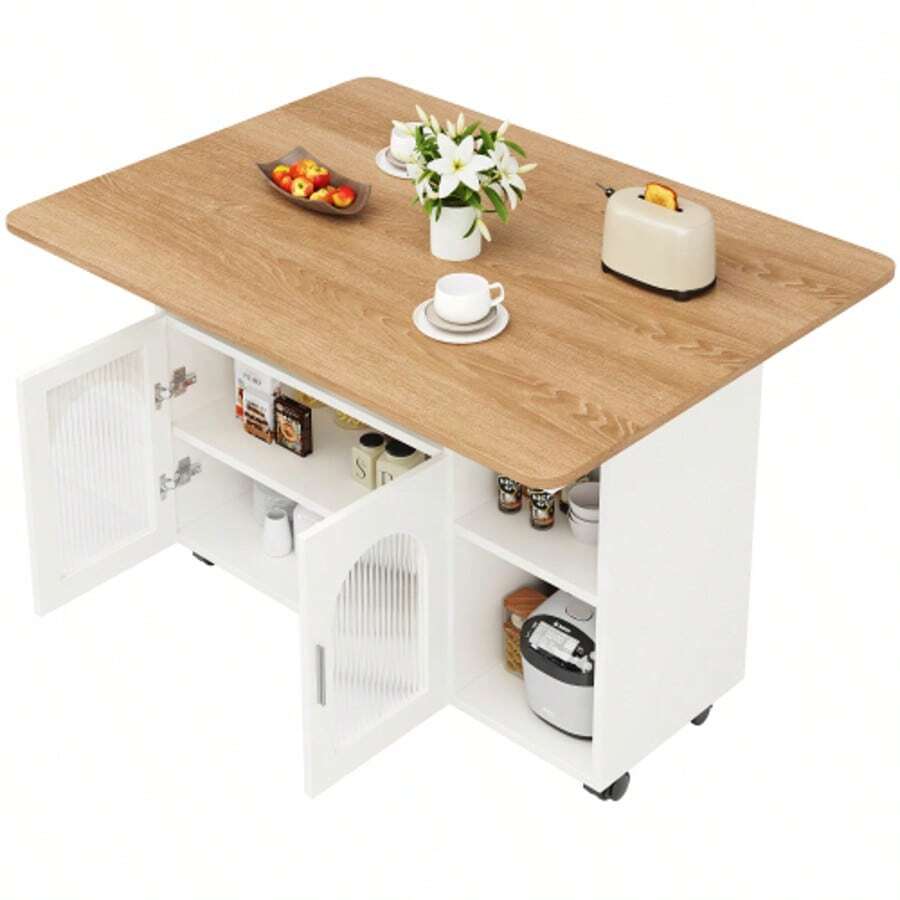 Kitchen Island, Modern Kitchen Island, Kitchen Cabinet, Removable Serving Cart, Sideboard, Wood-Look Dining Cart, Buffet, Multifunctional Dining Table With Storage, Black - 白色 - 查看 1