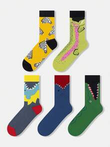 1/5 Pairs Unisex Dopamine Cartoon Abstract Shark, Crocodile, Zebra Patterned Artistic Design Combed Cotton Crew Socks, Suitable For Travel, Home, Office, Holiday Gifts - Multicolor - View 2