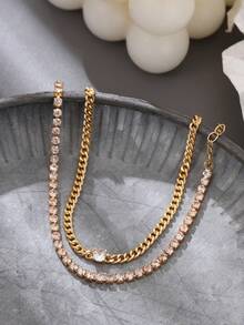 2pcs Men's Zinc Alloy Bracelet, Cubic Zirconia Embellished Chain Layered Design, Elegant Luxury Style Suitable For Daily Wear - Yellow Gold - View 4