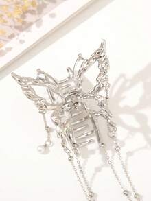 1个金属蝴蝶发夹 - 长流苏蝴蝶发夹，适合厚发和细发，强力固定中号发夹，时尚发饰 - 銀色 - 查看 3