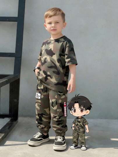 Young Boy Short Sleeve Camouflage Top And Long Pants Set, Perfect For Everyday Wear In Summer