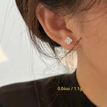 1 Pair Silver Plated Zirconia Clover Stud Earrings, Elegant & Minimalist Style For Women - Earrings - View 2