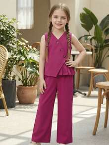 2pcs/Set Young Girls Party Outfit, Fashionable Sleeveless Top And Wide Leg Pants Set, Pleated Hem Top And Elastic Waist Pants, European Style Fuchsia Outfit For Young GirlSuitable For Spring, Summer And Autumn - Hot Pink - View 1
