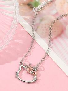 1pc Sanrio Cute Hello Kitty Metal Pendant Necklace, Elegant Crown Rhinestone Embellished Kitty Necklace, Suitable For Daily Wear Or Gift - Multicolor - View 6