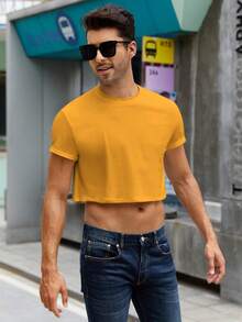 Runcati Mens Cropped Tank Top Short Sleeve Print Cotton Crop T Shirt Hot Shirts - Yellow - View 2
