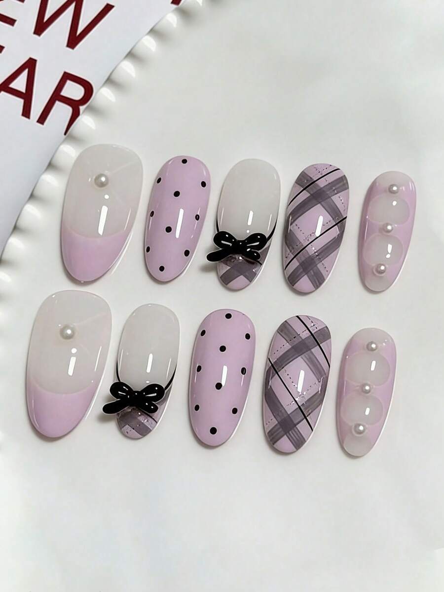 10pcs Short Oval Handmade Delicate Nail Art, French Purple Pearl Dotted Plaid Design Enhances Sweet Atmosphere, Rhinestone Decor Random Glossy False Nails Accessories - Multicolor - View 1
