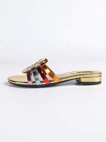 2cm Low Heel Metallic Woven Strap Slide Sandals, Bohemian Style Casual Beach Slippers For Summer - Gold - View 6