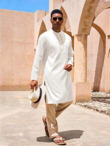 Runcati Mens Kaftan Thobe Casual Henley Shirts Button Up Long Sleeve Robe Muslim Gown Shirt - 白色 - 查看 3