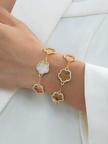 2pcs Luxurious High-End Clover Rhinestone Embellished Brown & White Bracelet Set For Women, Stackable/Versatile - Multicolor - View 4