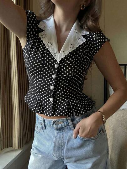 New Elegant & Fashionable Women's Contrast Color Retro Polka Dot Short Sleeve Heart Button Front Shirt, Minimalist For Daily Wear & Dates, All Seasons