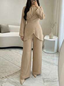 Bộ đồ nữ thanh lịch màu kaki gồm áo tay dài thắt eo chéo phía trước và quần ống rộng thoải mái, thích hợp mặc đi làm và ở nhà, mùa xuân. - Kaki nhạt - Xem 5