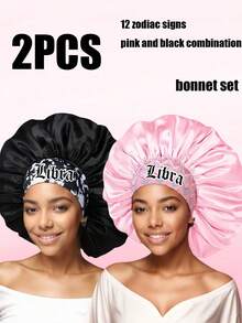 Bộ 2 mũ ngủ màu hồng và đen, mũ ngủ dài, in hình 12 con giáp cá nhân hóa, mũ rộng vành bằng vải satin mềm mại, co giãn, phù hợp cho cả tóc xoăn và tóc thẳng (mẫu in ngẫu nhiên). - Đen + Hồng - 2 chiếc (SM13 + SM15 - 1) - Xem 20