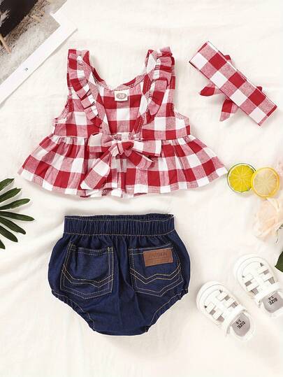 2pcs Baby Girl Adorable Outfits, Gingham Peplum Top& Casual Denim Triangle Shorts Set, Toddler& Infant Girl's Clothes For Spring Summer Daily Outdoor Wear Outdoor, Perfect For Outdoor
