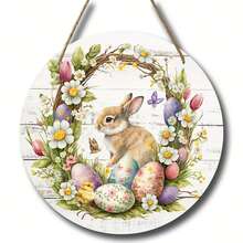 1 peça, Placa de Páscoa de 12"/10", Placa de Madeira Redonda, Placa de Coelho da Páscoa, Placa de Ovo da Páscoa, Placa de Guirlanda, Centro de Guirlanda, Presente de Páscoa, Decoração de Páscoa, Decoração de Porta, Decoração de Parede, Decoração de Casa, Decoração de Quarto, Decoração Rústica, Decoração de Fazenda, Decoração de Quarto - Multicolorido - Visão 3