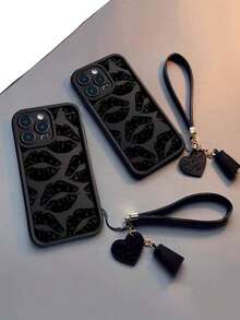 1pc Lip Print Delicate Textured Thick Anti-Drop Painted Phone Case With Detachable Leather Heart Wrist Strap DIY Pendant Charm, Suitable For IPhone XR/11/12/13/14/15 Plus, 16 Pro Max, 17 Air Series - Multicolor - View 3